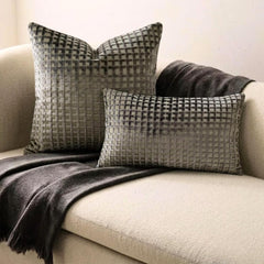 Silver Gray Velvet Lumbar Cushion Cover - Metro Grid Lumbar
