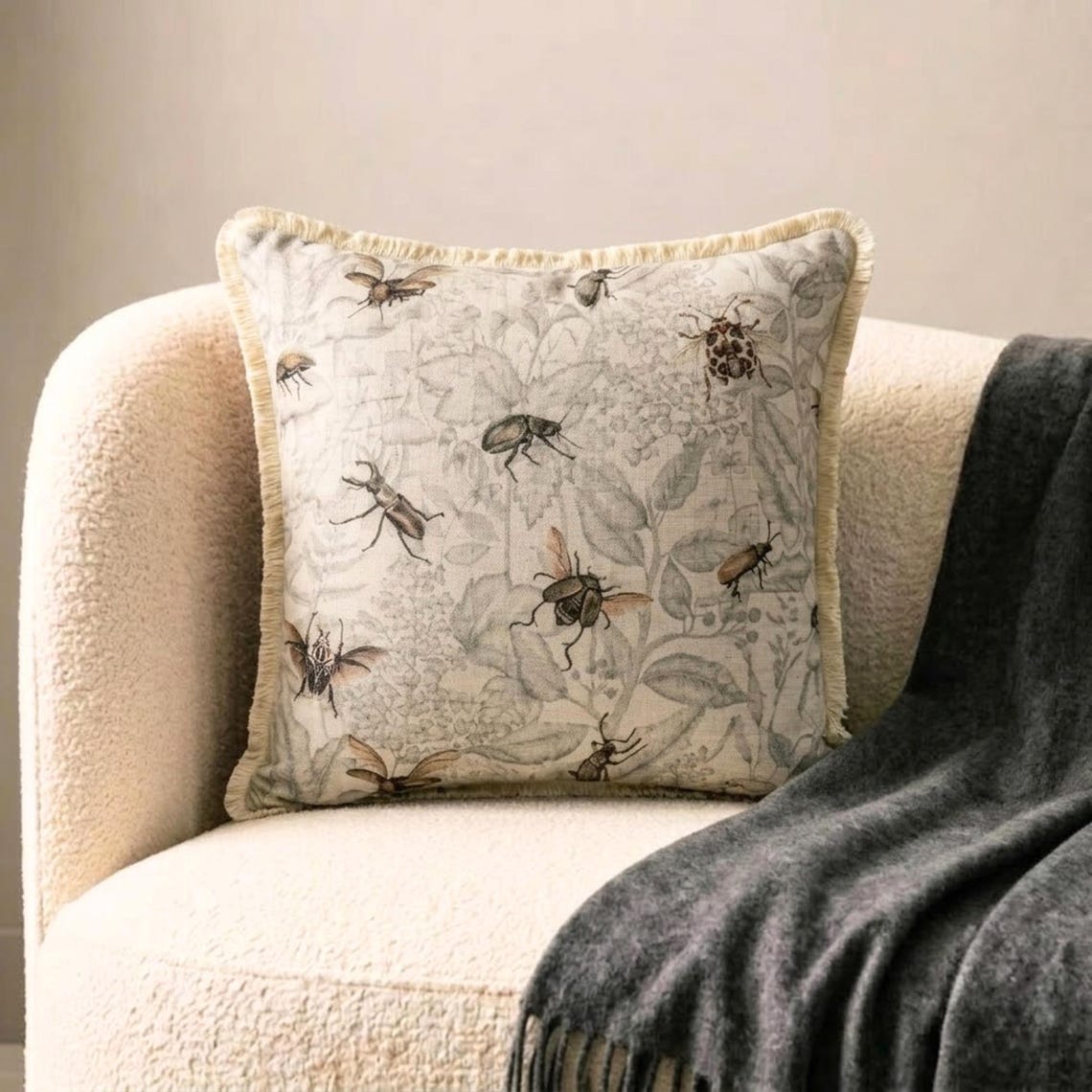 Crawling Terrors - Beige Cotton Spookys Decorative Throw Cushion Cover
