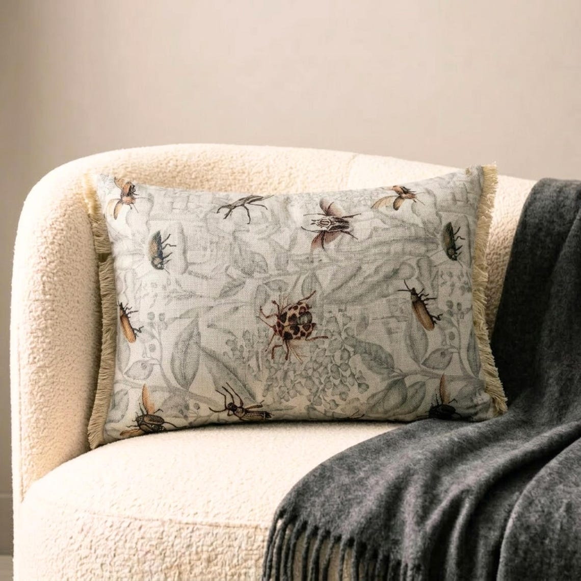 Night Crawlers - Beige Cotton Decorative Lumbar  Cushion Cover