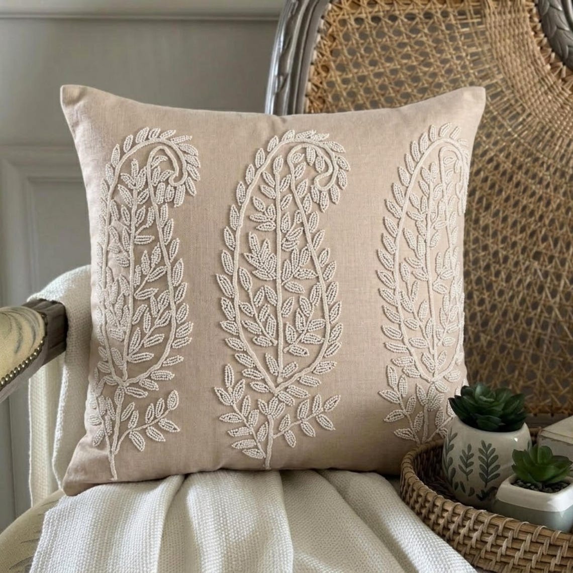 Linen Paisleys - Beige Cotton Linen Decorative Euro Sham