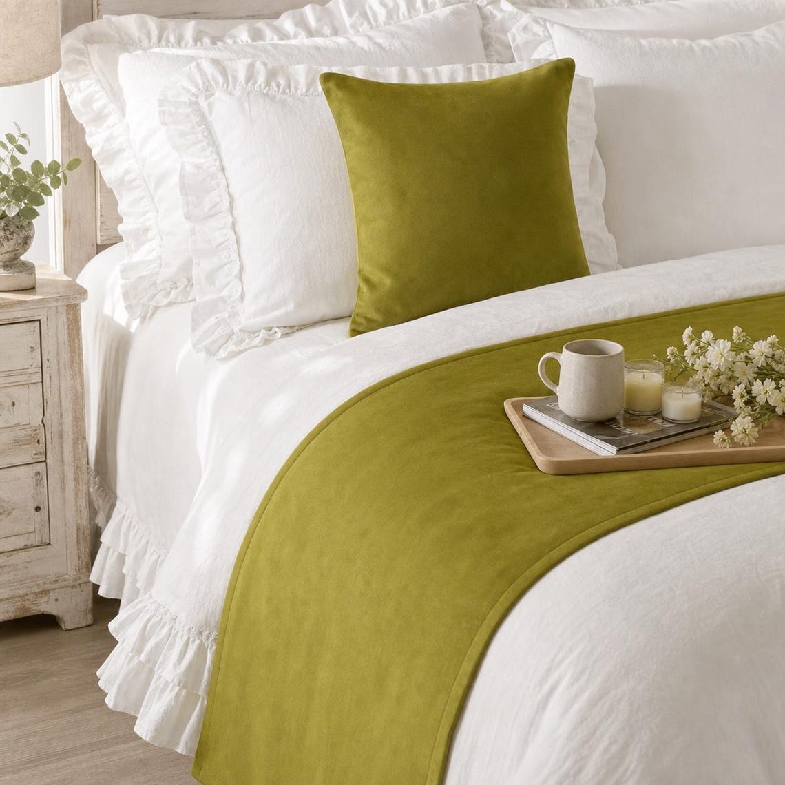 Chartreuse Velvet Decorative Bed Runner and Cushion Cover