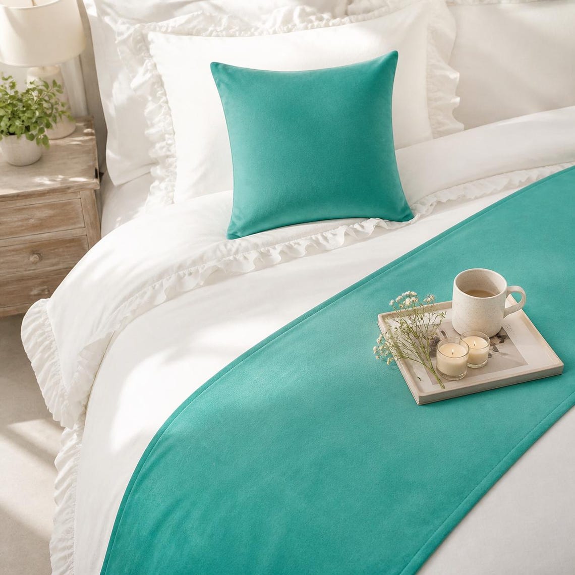Turquoise Velvet Decorative Bed Runner and Cushion Cover