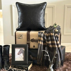 Paved Black - Black Faux Leather Throw Pillow Cover