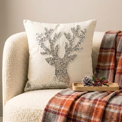 Dazzling Deer - White & Silver Linen Decorative  Throw Cushion Cover