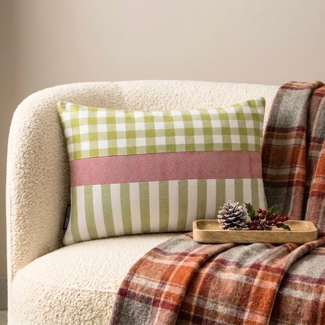 Holiday Grid - Green Cotton Decorative Lumbar Cushion Cover