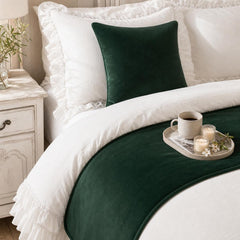 Velvet Dark Green Decorative Bed Runner and Cushion Cover - Dark Green Velvet