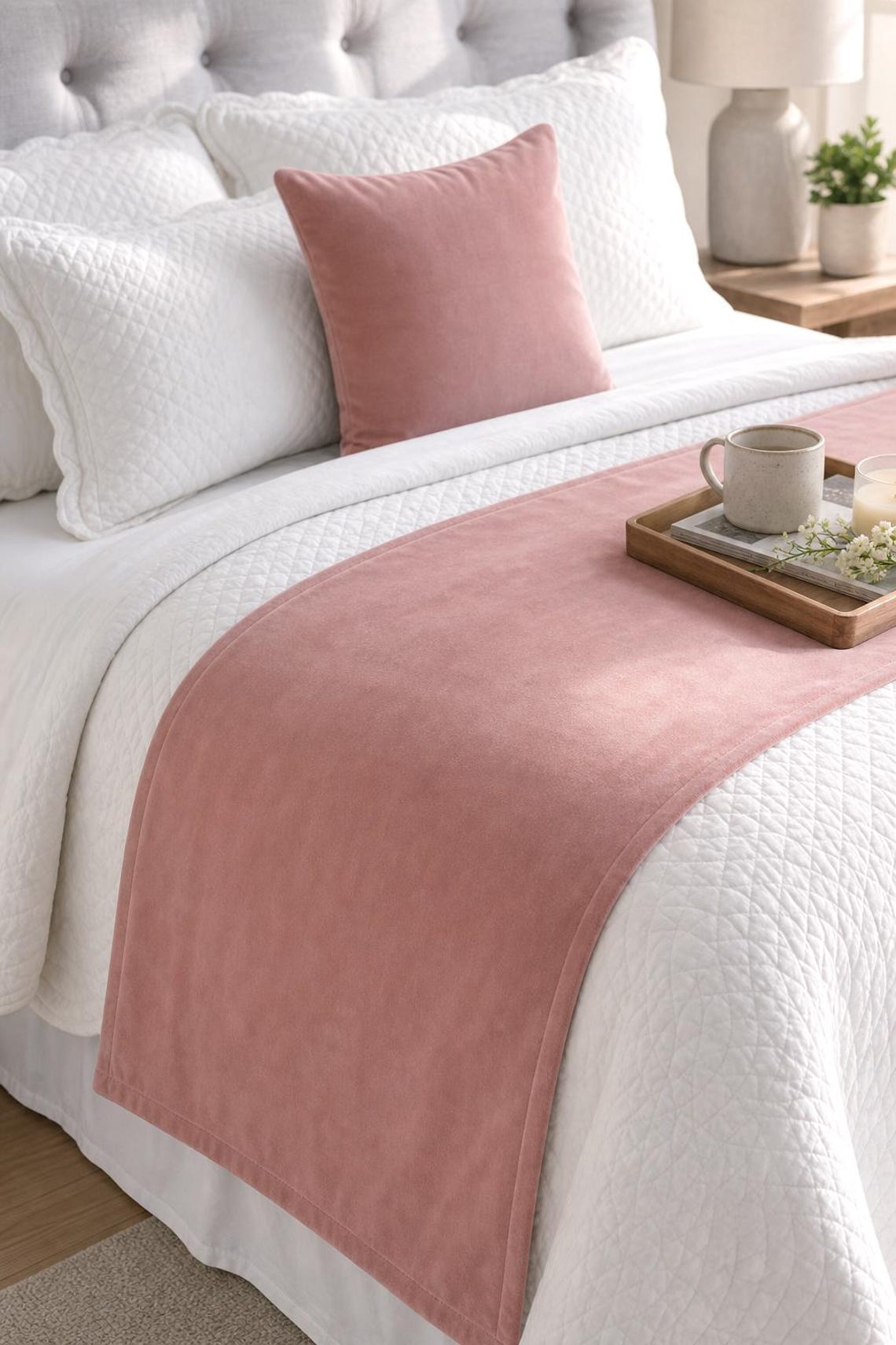 Dusty Rose Velvet Decorative Bed Runner and Cushion Cover