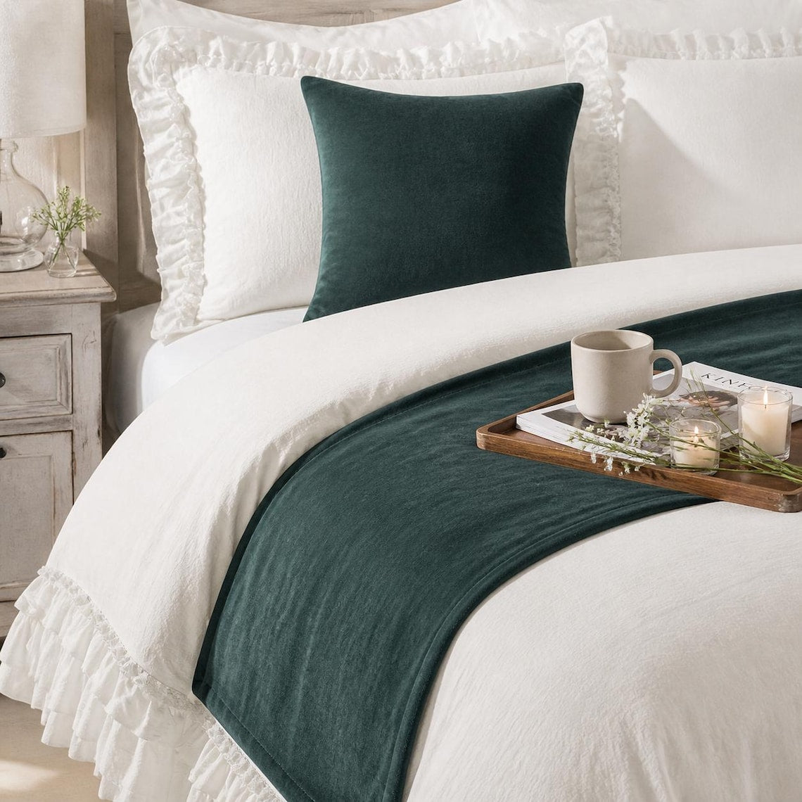 Teal Green Velvet Decorative Bed Runner and Cushion Cover