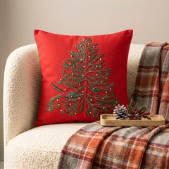 Xmas Evergreen - Red & Green Cotton Linen Decorative Throw  Cushion Cover