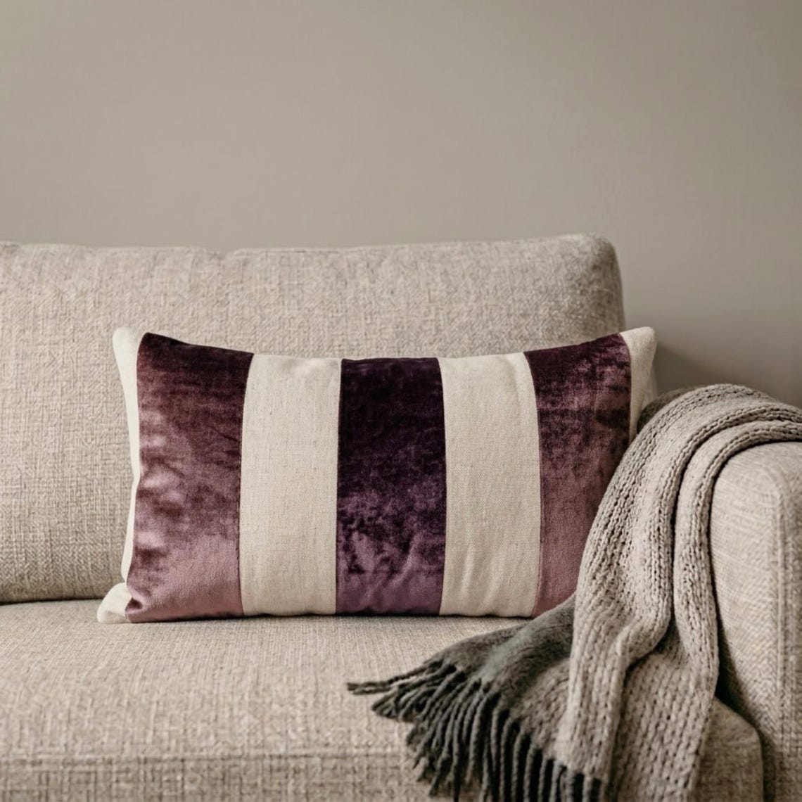 Swathe Wine - Purple Velvet & Linen Decorative Lumbar  Cushion Cover