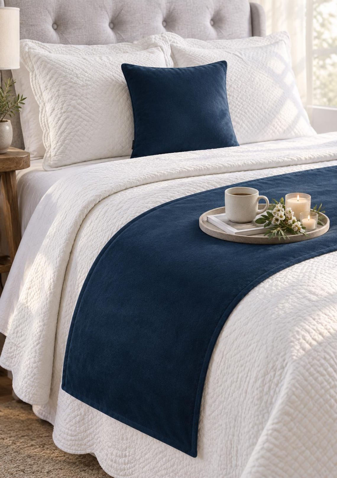 Navy Blue Velvet Decorative Bed Runner and Cushion Cover