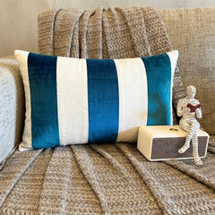 Swathe Teal - Blue Velvet & Linen Lumbar Pillow Cover