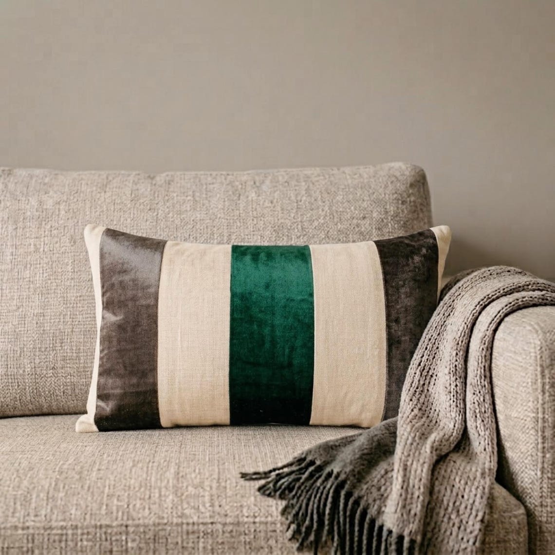 Swathe Emerald - Green Velvet & Linen Lumbar Pillow Cover