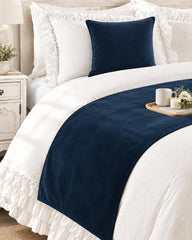 Velvet Navy Blue Decorative Bed Runner and Cushion Cover - Navy Blue Velvet