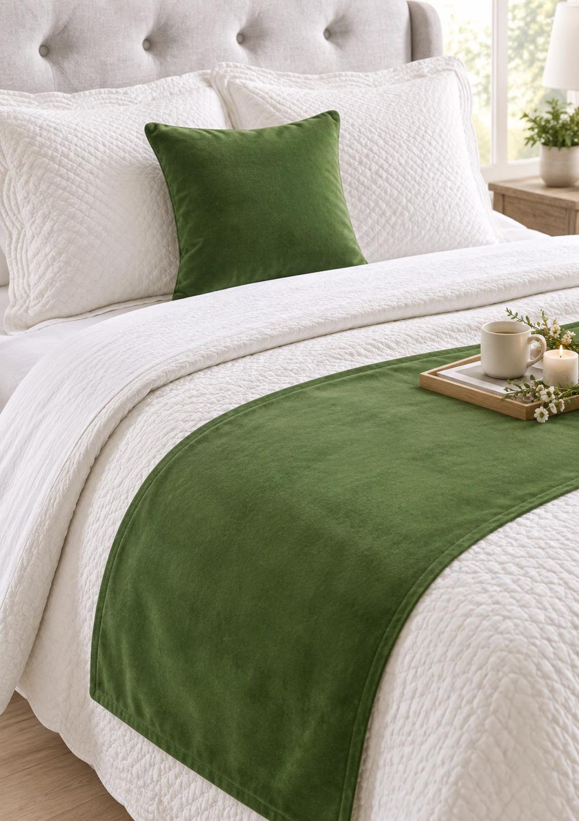 Moss Green Velvet Decorative Bed Runner and Cushion Cover