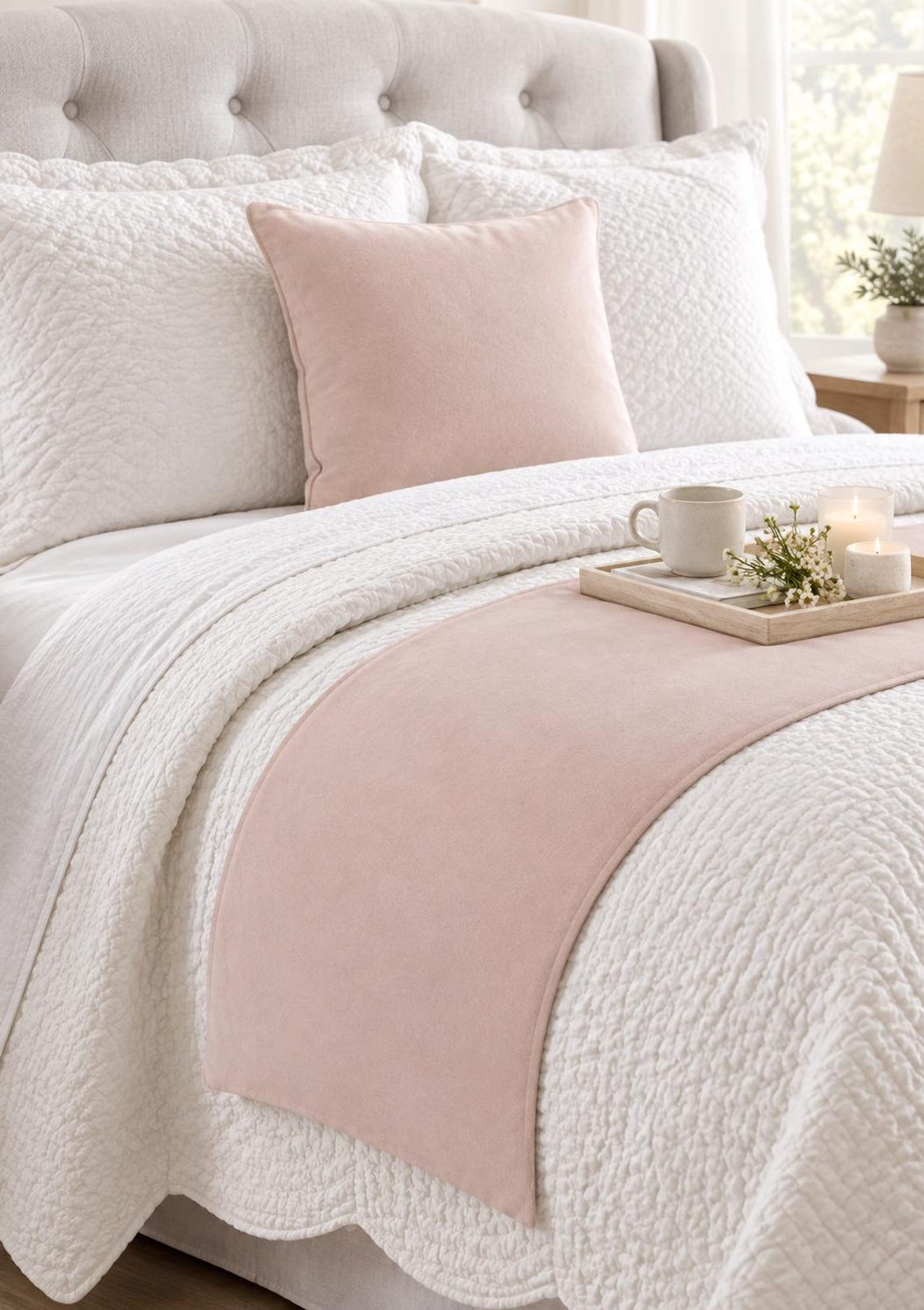 Soft Pink Velvet Decorative Bed Runner and Cushion Cover