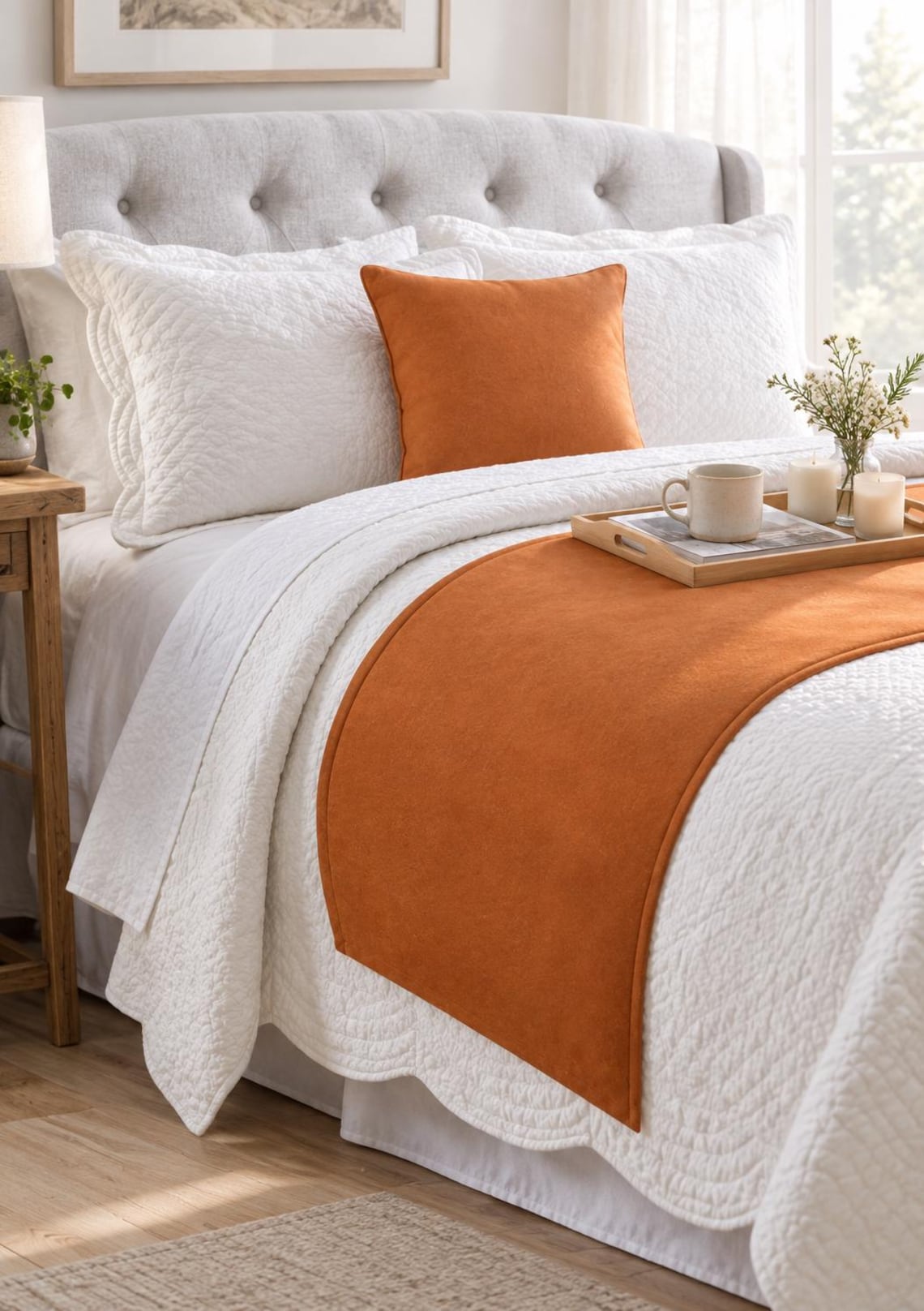 Burnt Orange Velvet Decorative Bed Runner and Cushion Cover