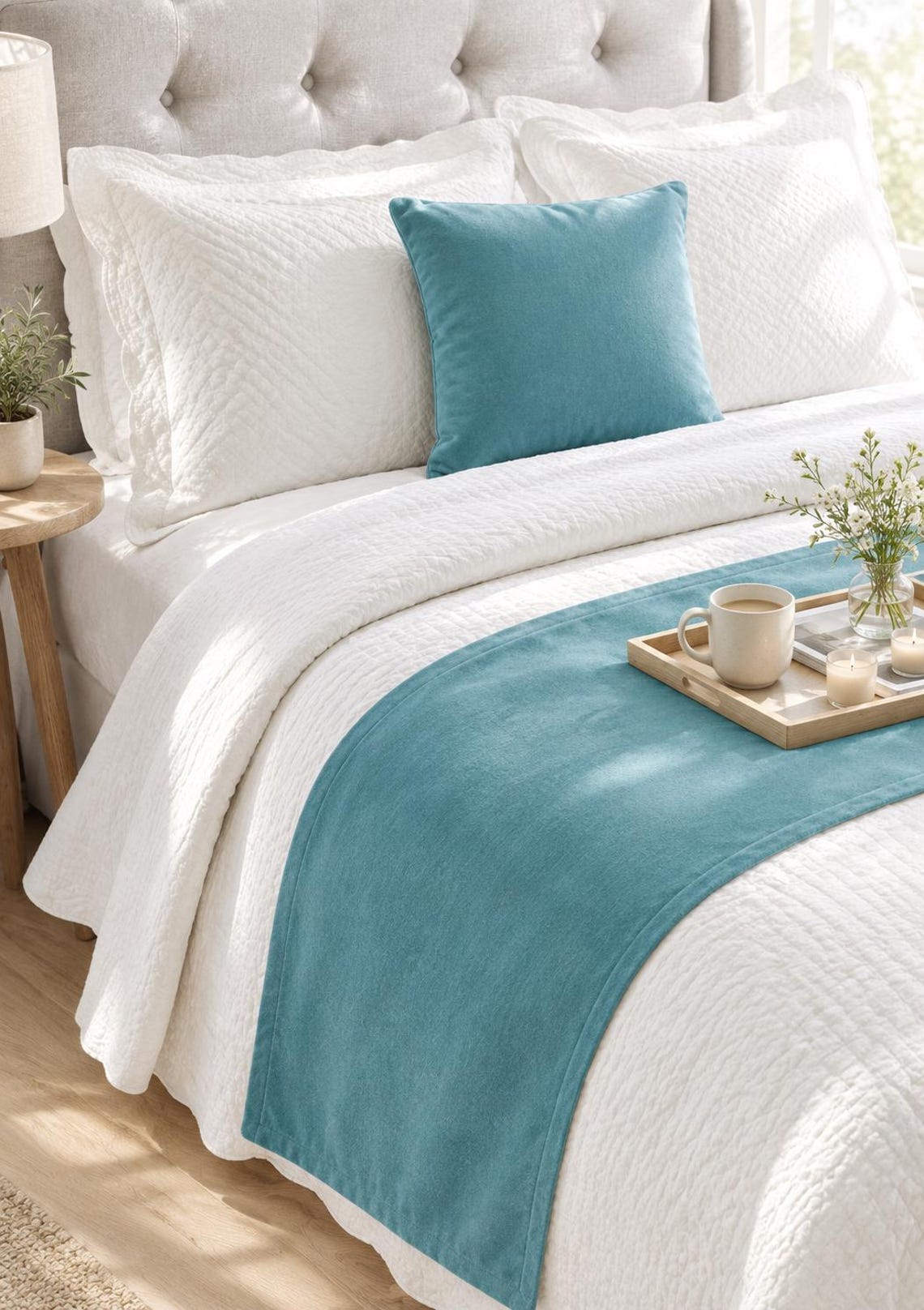 Blue Velvet Decorative Bed Runner and Cushion Cover
