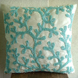 Sea Weeds - Aqua Blue & White Art Silk Decorative Euro Sham