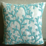 Sea Weeds - Aqua Blue & White Art Silk Decorative Euro Sham