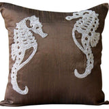 Ivory Sea Horse - Brown Art Silk Throw Pillow Cover