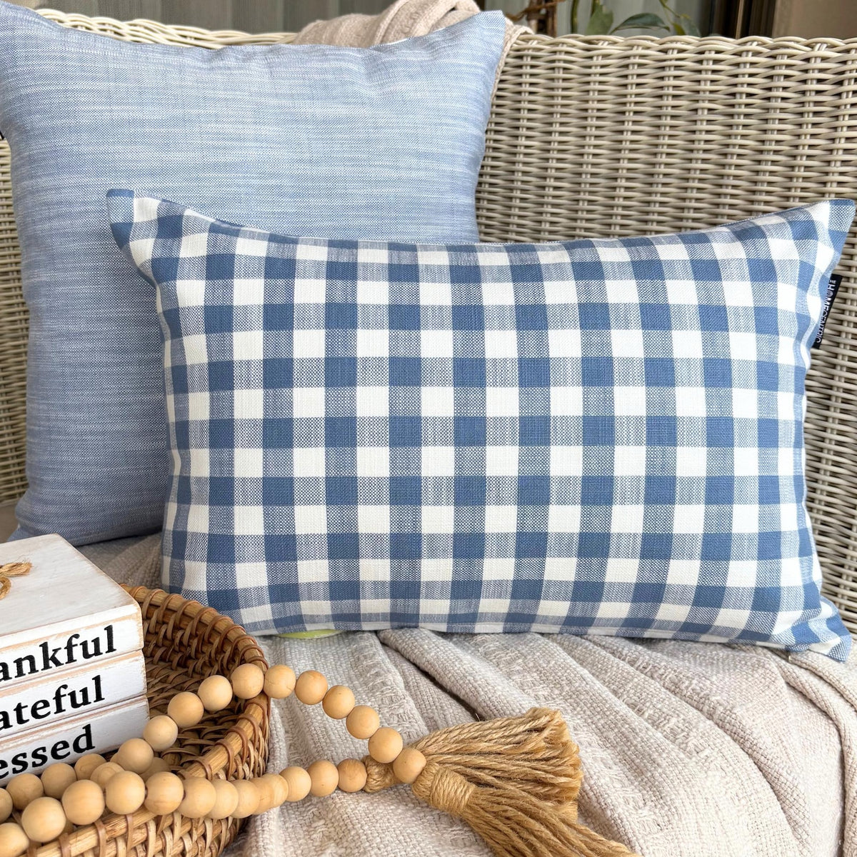 Blue Cotton Lumbar Cushion Cover - Grid Loom Blue