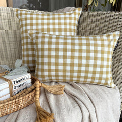 Ochre Cotton Lumbar Cushion Cover - Grid Loom Ochre
