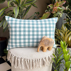 Aqua Cotton Lumbar Cushion Cover - Grid Loom Aqua
