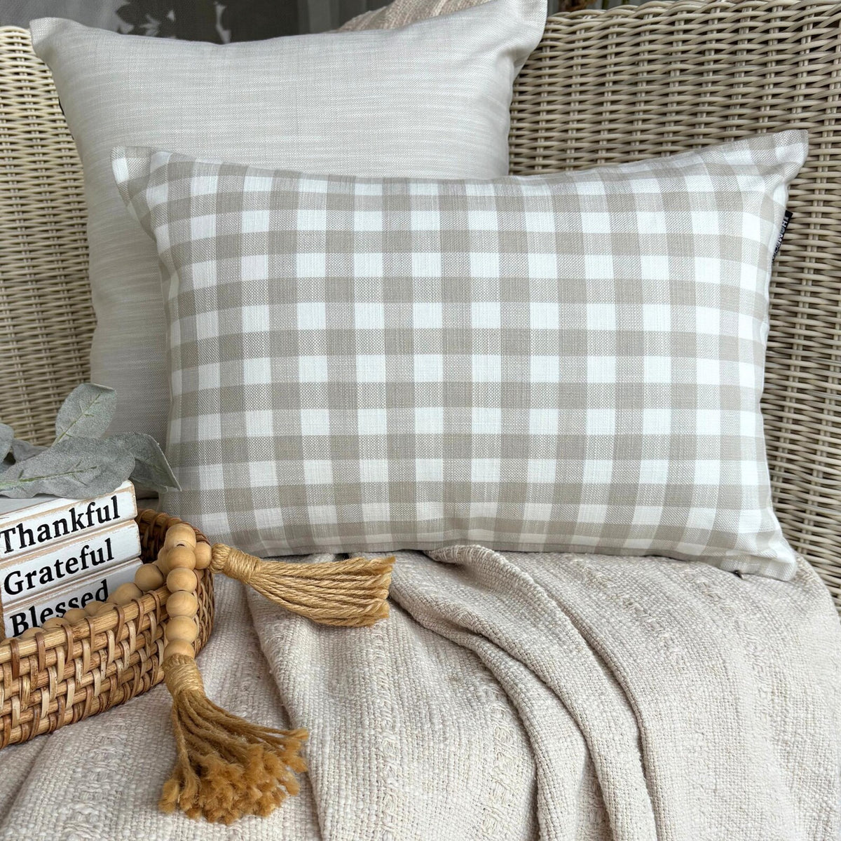 Beige Cotton Lumbar Cushion Cover - Grid Loom Beige