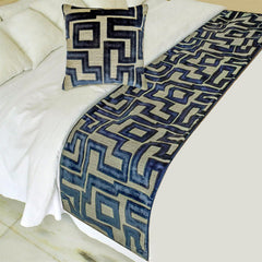 Routed Blue Decorative Bed Runner and Cushion Cover