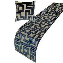 Routed Blue - Velvet Blue Decorative Bed Runner and Cushion Cover