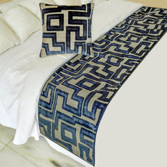 Routed Blue - Velvet Blue Decorative Bed Runner and Cushion Cover