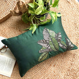All About Leaves - Art Silk Dull Green Decorative Lumbar Cushion Cover