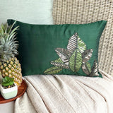 All About Leaves - Art Silk Dull Green Decorative Lumbar Cushion Cover