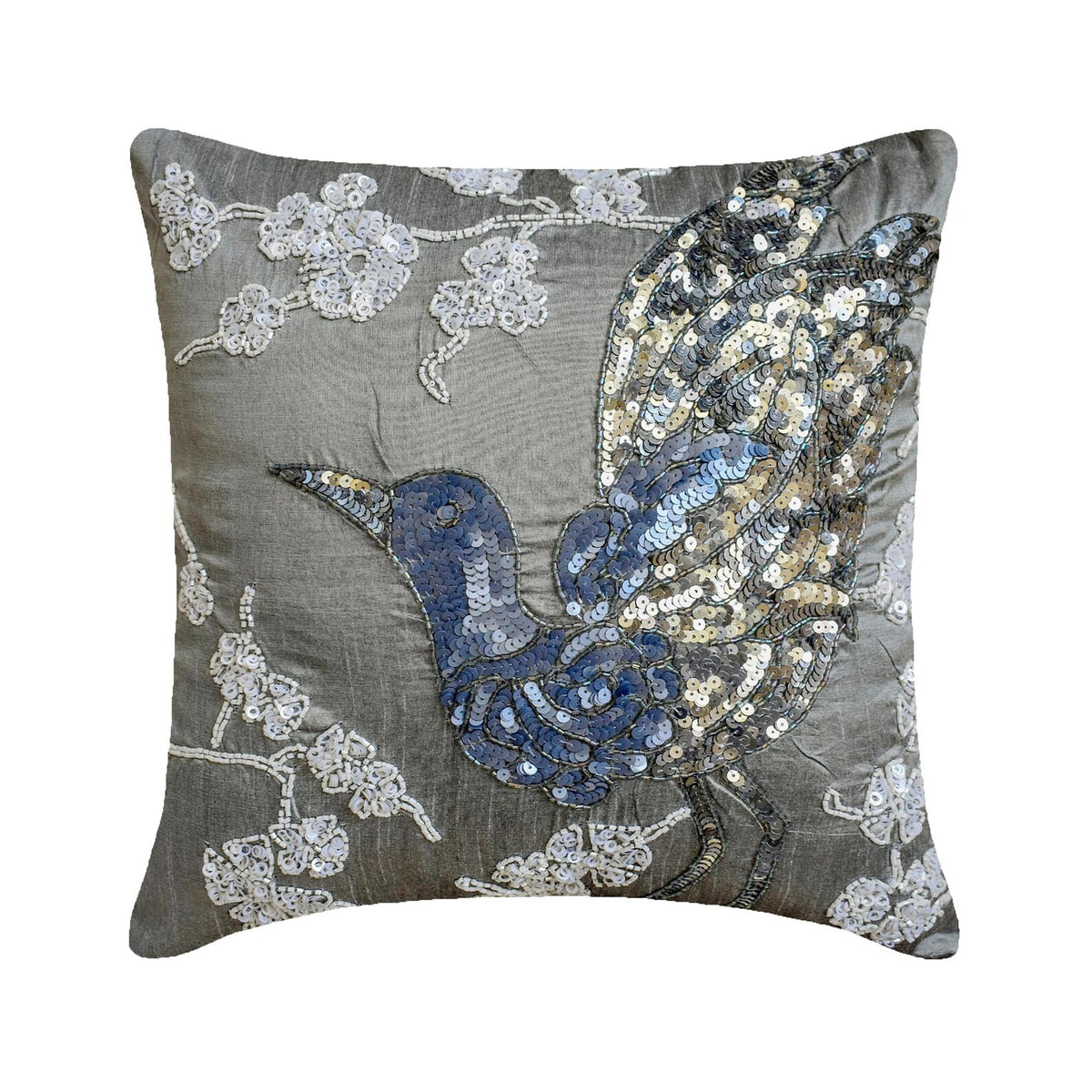 Silver Birdy - Gray Art Silk Decorative Euro Sham