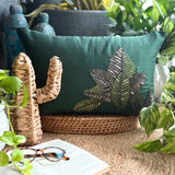 All About Leaves - Art Silk Dull Green Decorative Lumbar Cushion Cover