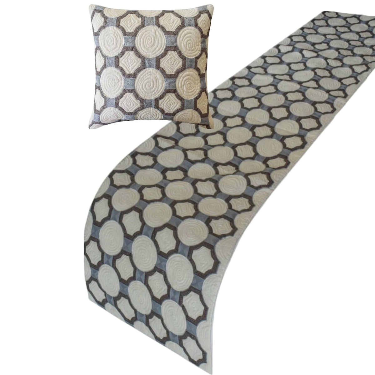 Stitched Symmetry - Cotton Blue Decorative Bed Runner and Cushion Cover