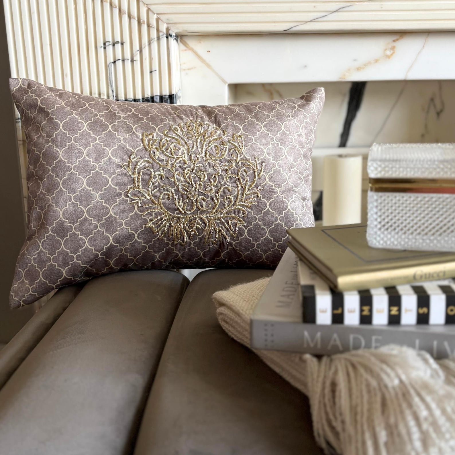 Malika Beige Lumbar Cushion Cover