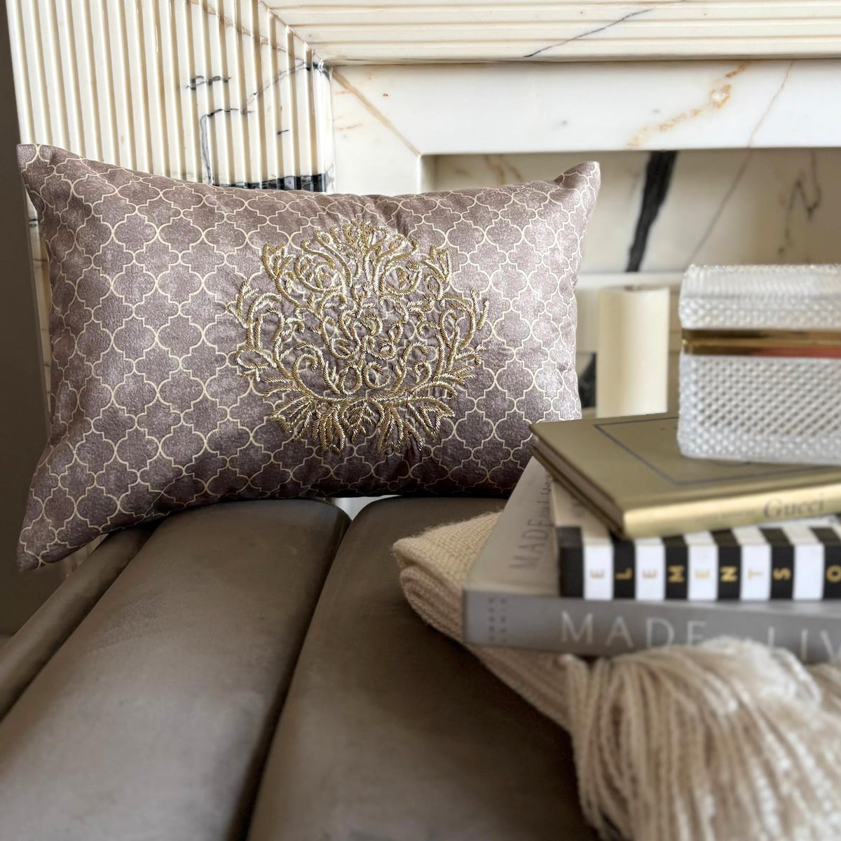Malika Beige Lumbar Cushion Cover
