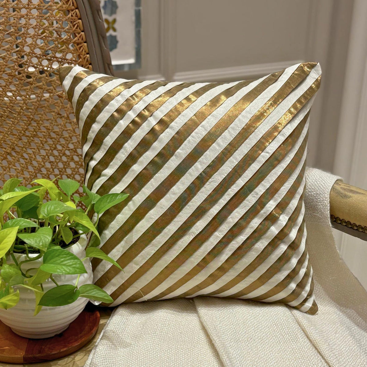 Unfolding Ivory Antique Gold - Ivory Art Silk Throw Pillow Cover