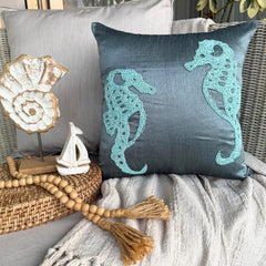 Sea Horse - Blue Art Silk Decorative Euro Sham