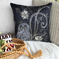 Night Owls - Black Art Silk Decorative Throw Cushion Cover