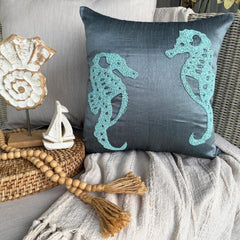 Sea Horse - Blue Art Silk Decorative Euro Sham