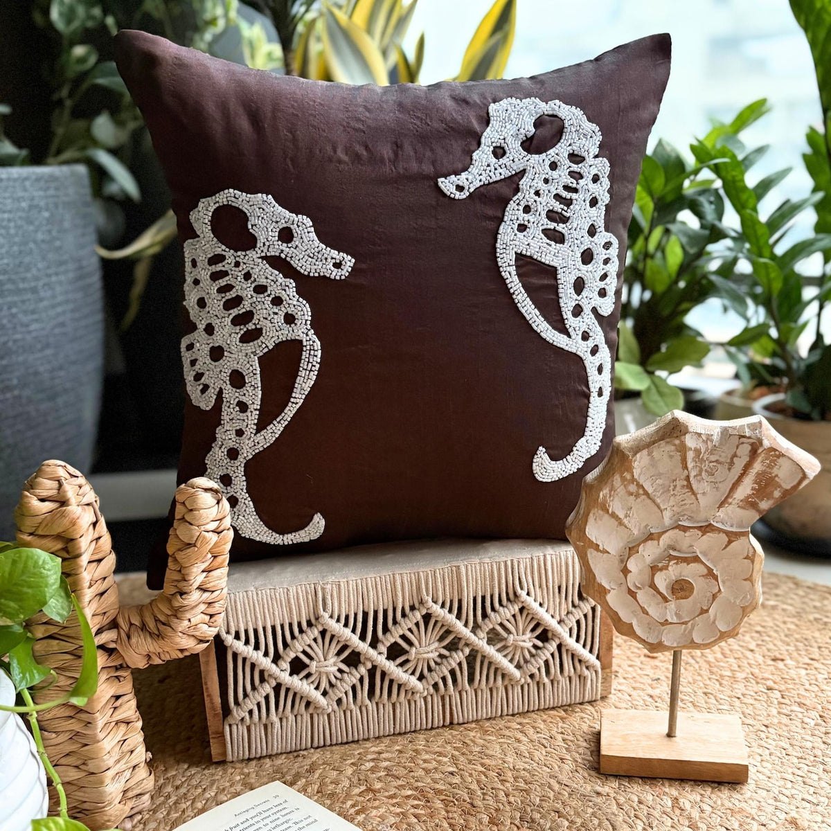 Ivory Sea Horse - Brown Art Silk Decorative Euro Sham