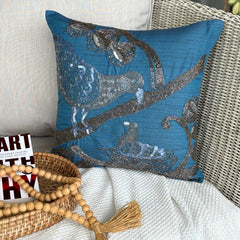 Birdy Love - Teal Blue Art Silk Throw Pillow Cover