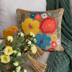 Sunburst Blooms - Beige Velvet Throw Cushion Cover