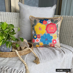 Sunburst Blooms - Beige Velvet Throw Cushion Cover