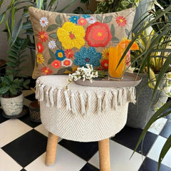 Floral Fiesta - Beige Velvet Lumbar Pillow Cover