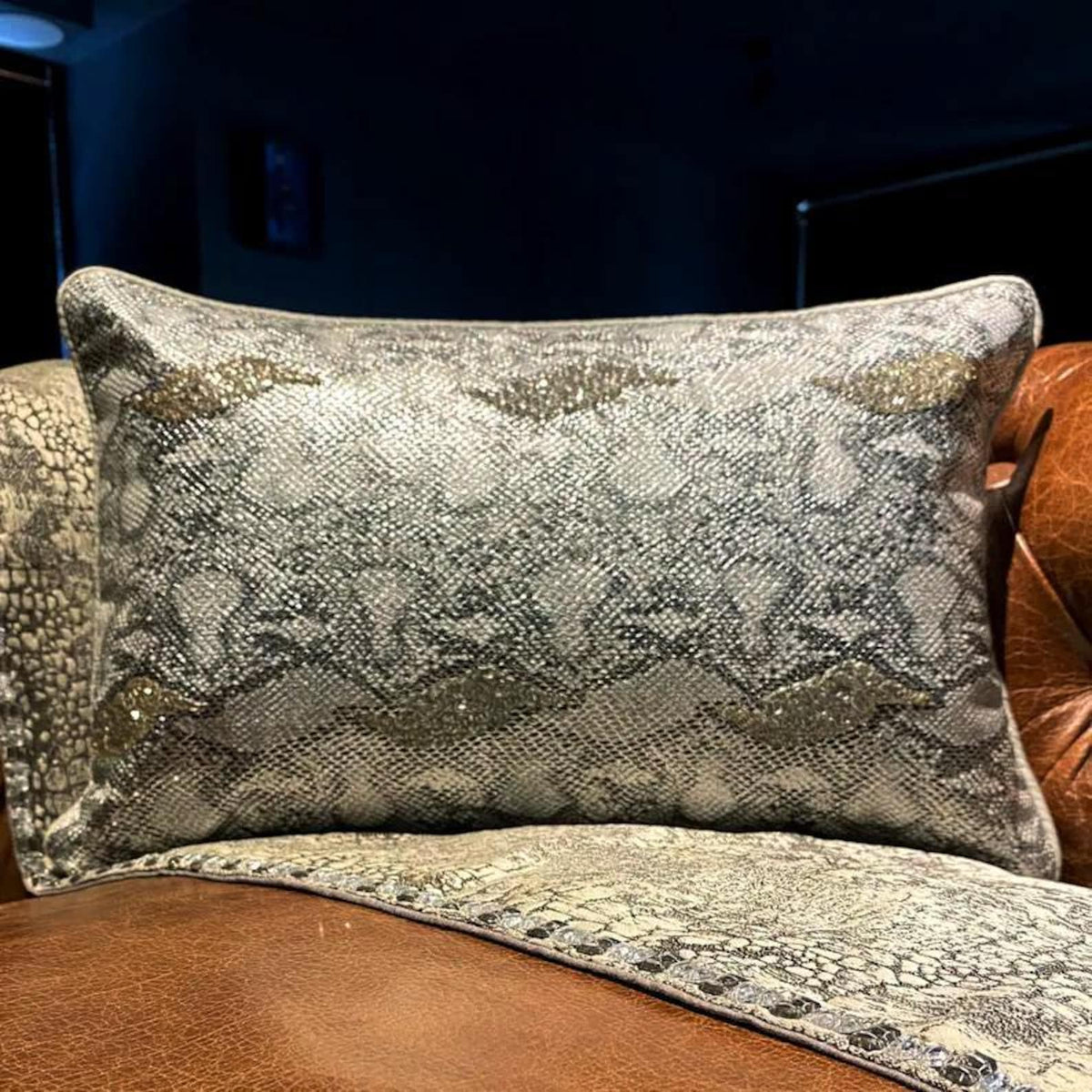 Silver Faux Leather Lumbar Pillow Cover, Animal Silver
