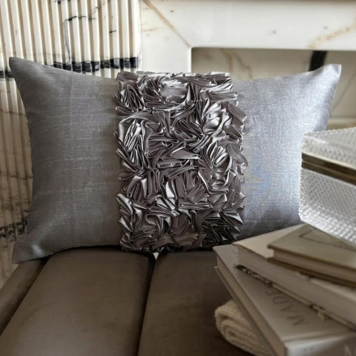 Vintage Silver Love - Art Silk Silver Decorative Lumbar Pillow Cover